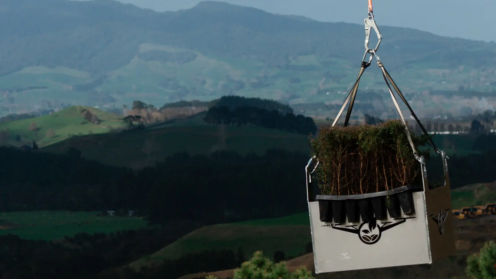 A Vantage lifting crate full of native seedlings flown over hill country