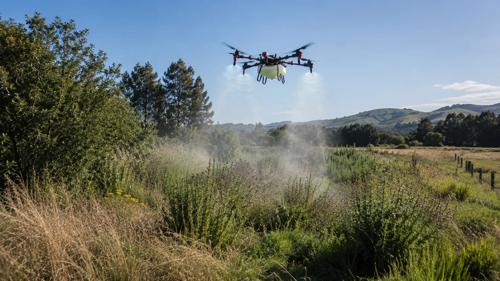A Vantage spray drone applying herbicide over green hill country at sunset