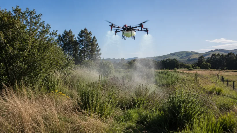 A drone spraying weeds on steep hill country