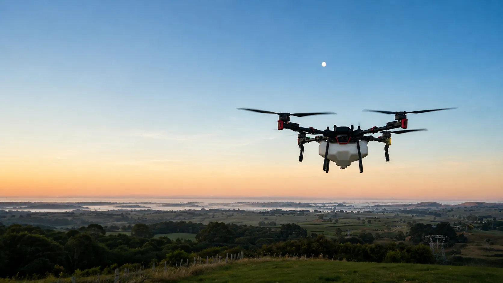 A Vantage spray drone hovering over Bay of Plenty hill country at dawn
