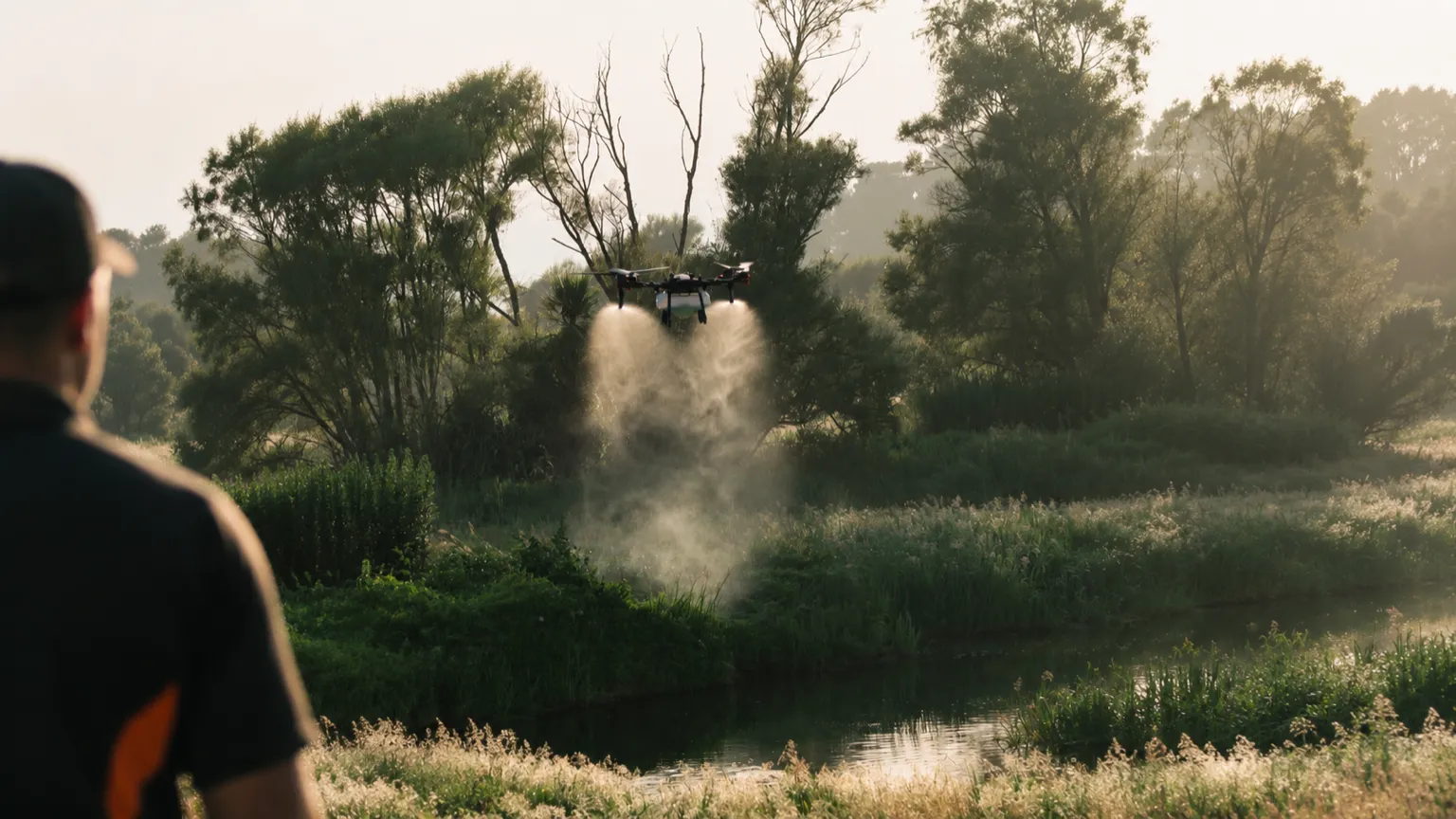 A drone applying targeted, low-drift weed control along a waterway