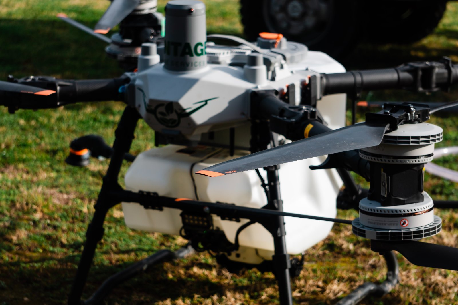 The drone flying a bundle of plants against a grey sky